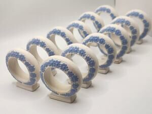 Vintage Ceramic Floral Napkin Rings Set of 12 Ivory & Blue Raised Daisy Design